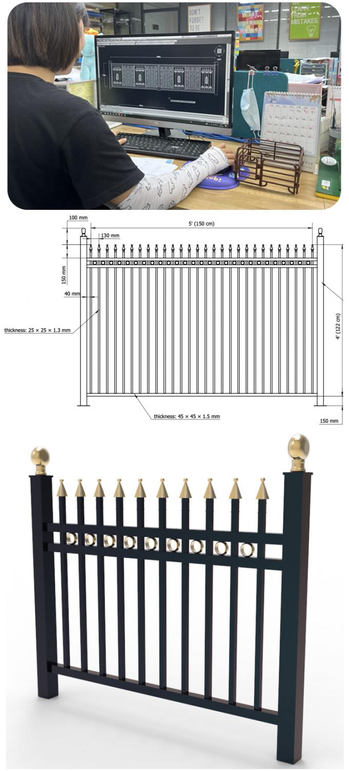 Black Outdoor Metal Easily Assembled Steel Picket Fence 6ft X 8ft Wrought Iron Fence Steel Fence For Sale